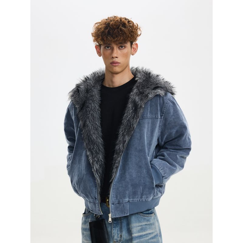 Cabbage Coke American Retro Style Mountain Carving Fur Collar Short Cotton Jacket Winter Distressed Hooded Padded Coat for Men and Women