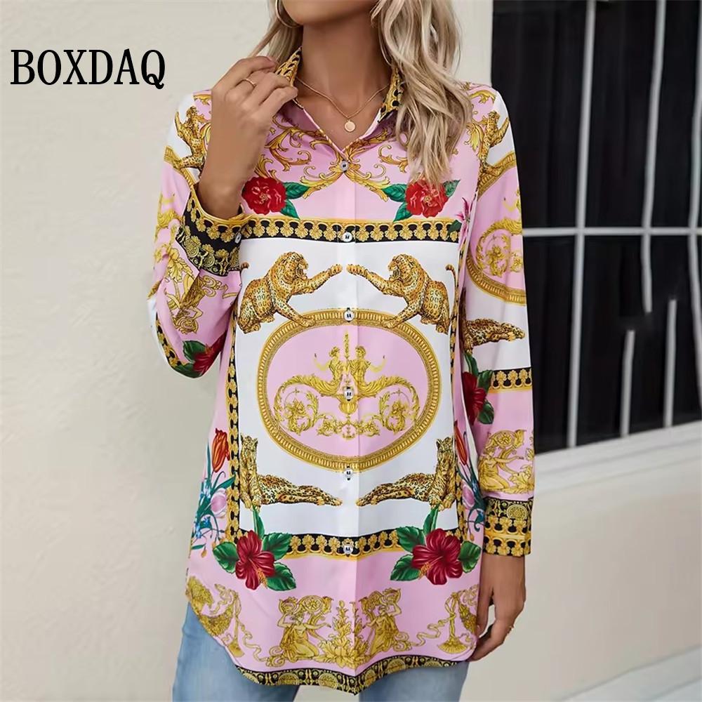 Elegant Women's Shirt Fashion Colour Blocking 3D Printing Lapel Button Down Shirts Autumn Blouses Casual Women's Long Sleeve Top