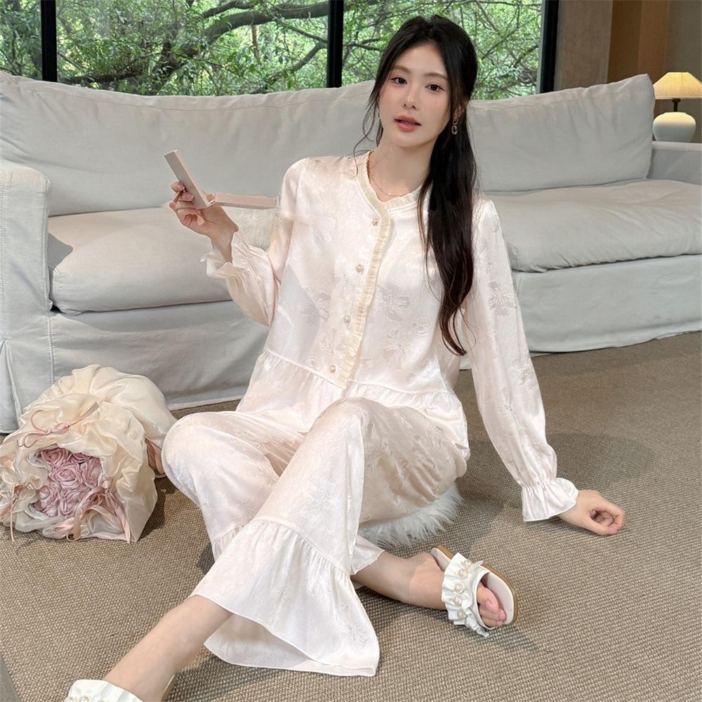 Ice silk pajamas women's spring and autumn new long-sleeved trousers two-piece set of national style casual cardigan loungewear