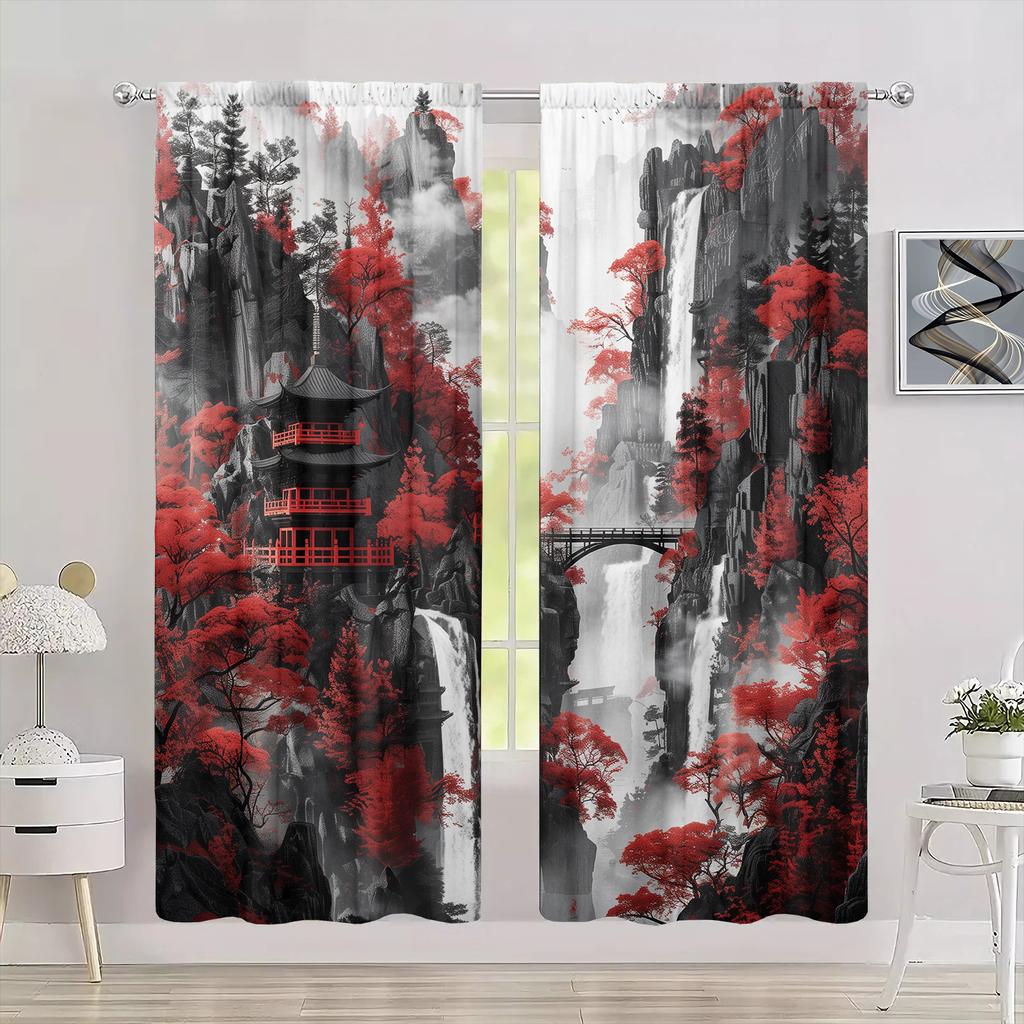 2pcs  Black Landscape Painting Printed Curtain for Home Decor - Rod Pocket Window Treatment for Bedroom, Office, Kitchen