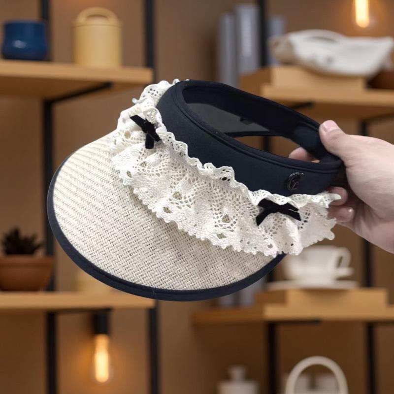 Lace bow straw woven empty top hat women's summer new versatile sunshade sun hat vinyl UV protection
