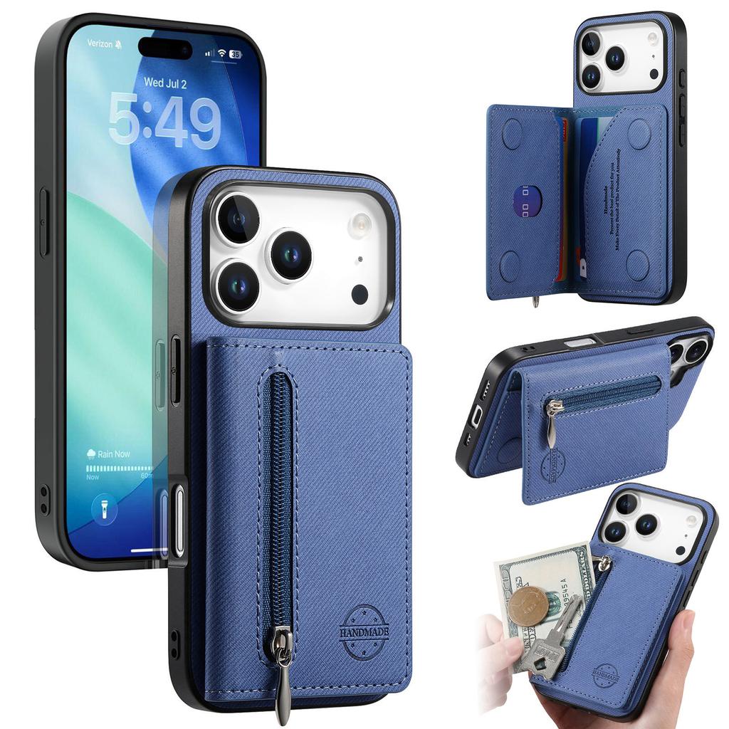 For iPhone 17 Pro Max Case Zipper Card Holder Kickstand Jeans Cloth Texture Leather Back Cover