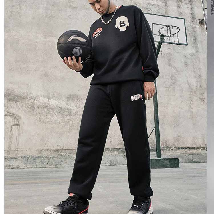 Li Ning Badfive Solid Mid-Waist Cuffed Fleece Knit Sports Pants Men Bottoms Black AKLT879-6