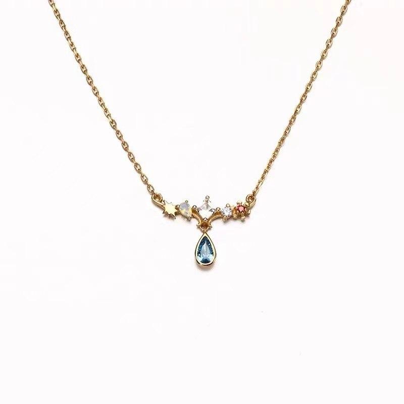 ANENJERY Blue Zircon Water Drop Star Necklace for Women Light Luxury Niche Design New Fashion Clavicle Chain Exquisite Pendant