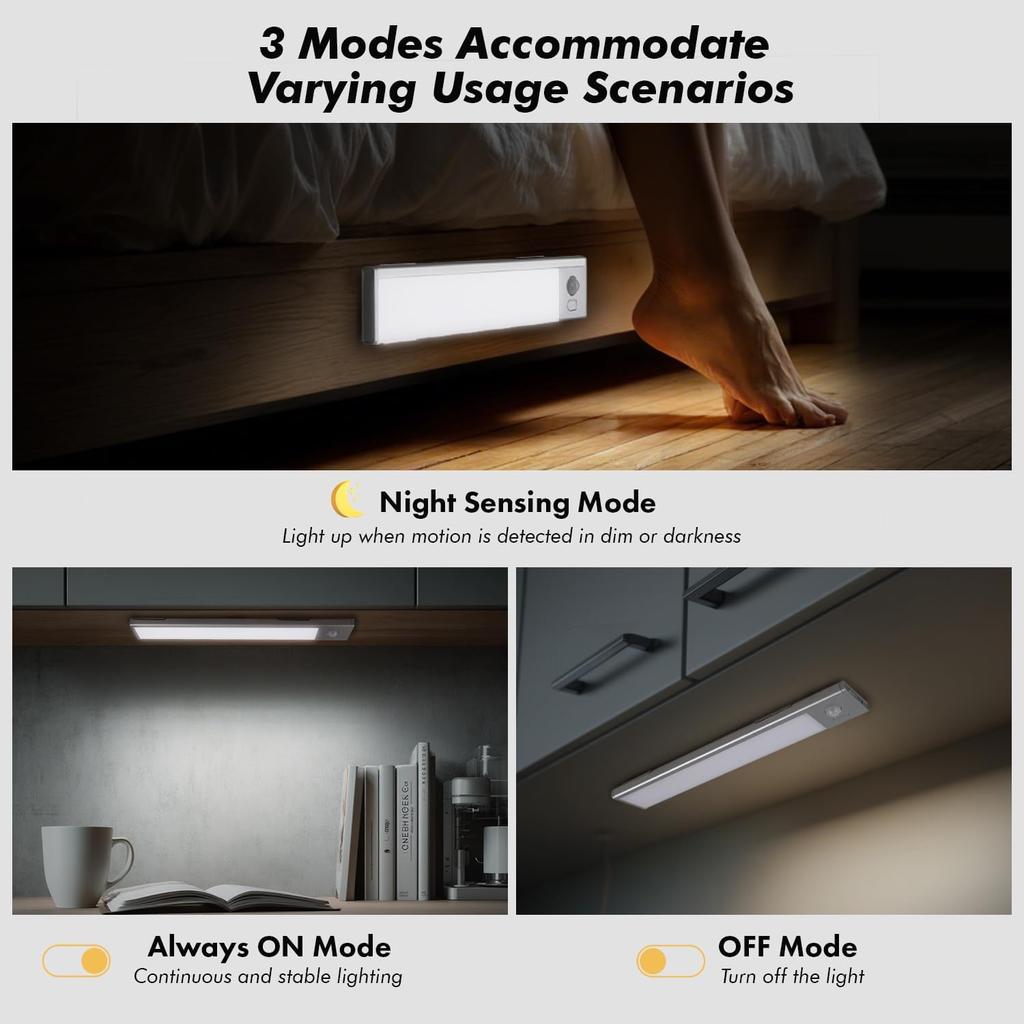 2 Pack Under Cabinet Lighting, 3 Colors & Dimmable Motion Sensor Light Indoor, 900mAh Rechargeable Under Cabinet Lighting Magnetic for Kitchen,
