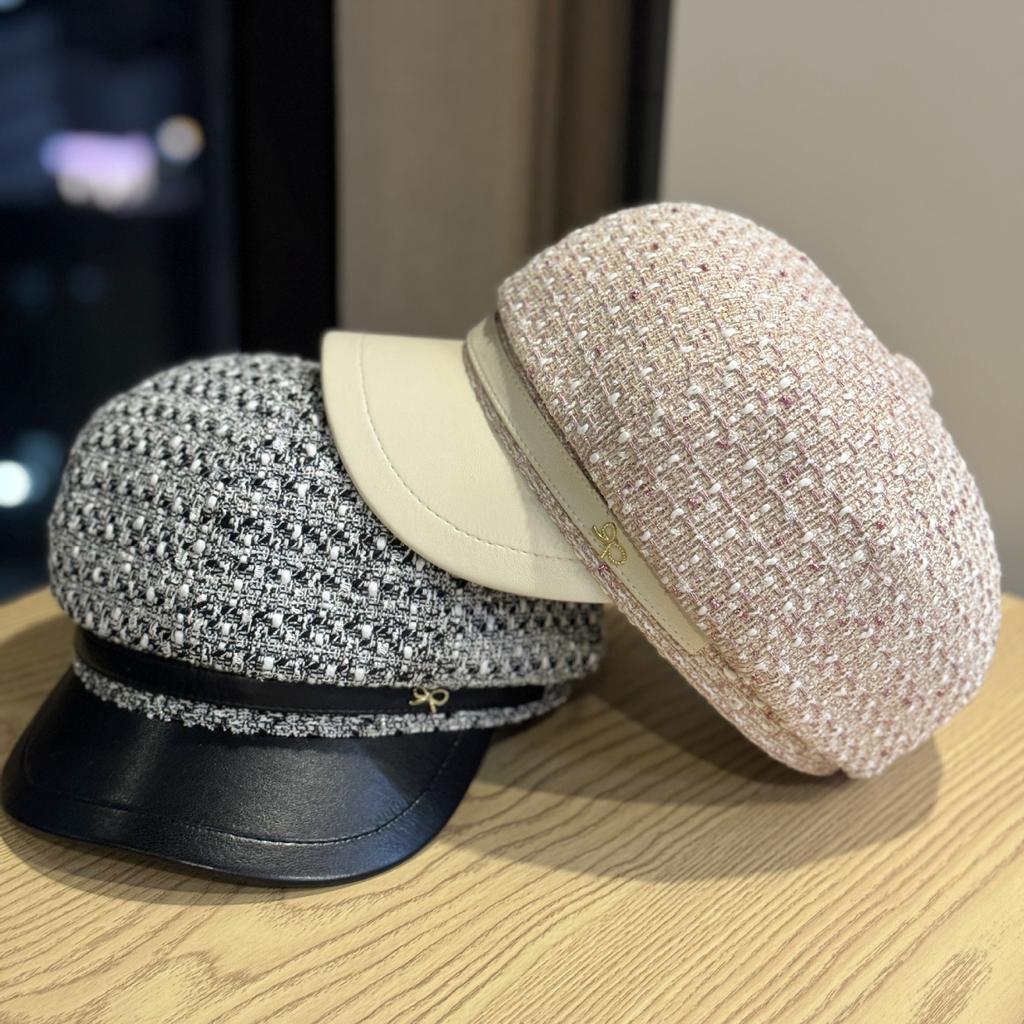 Autumn and Winter Tweed Leather Brim Octagonal Hat Three Dimensional and Stylish Newsboy Hat Elegant Peaked Hat Beret Trend
