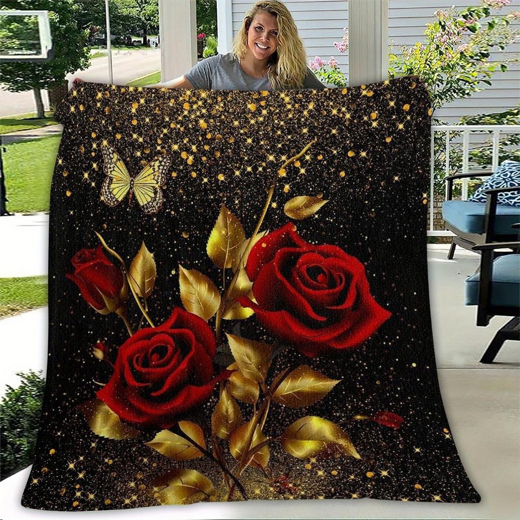 1pc Black Red Rose Blanket Skin-Friendly Soft Blanket Flannel Blanket 2025 New for Birthday Gift Home Sofa Chair Decoration