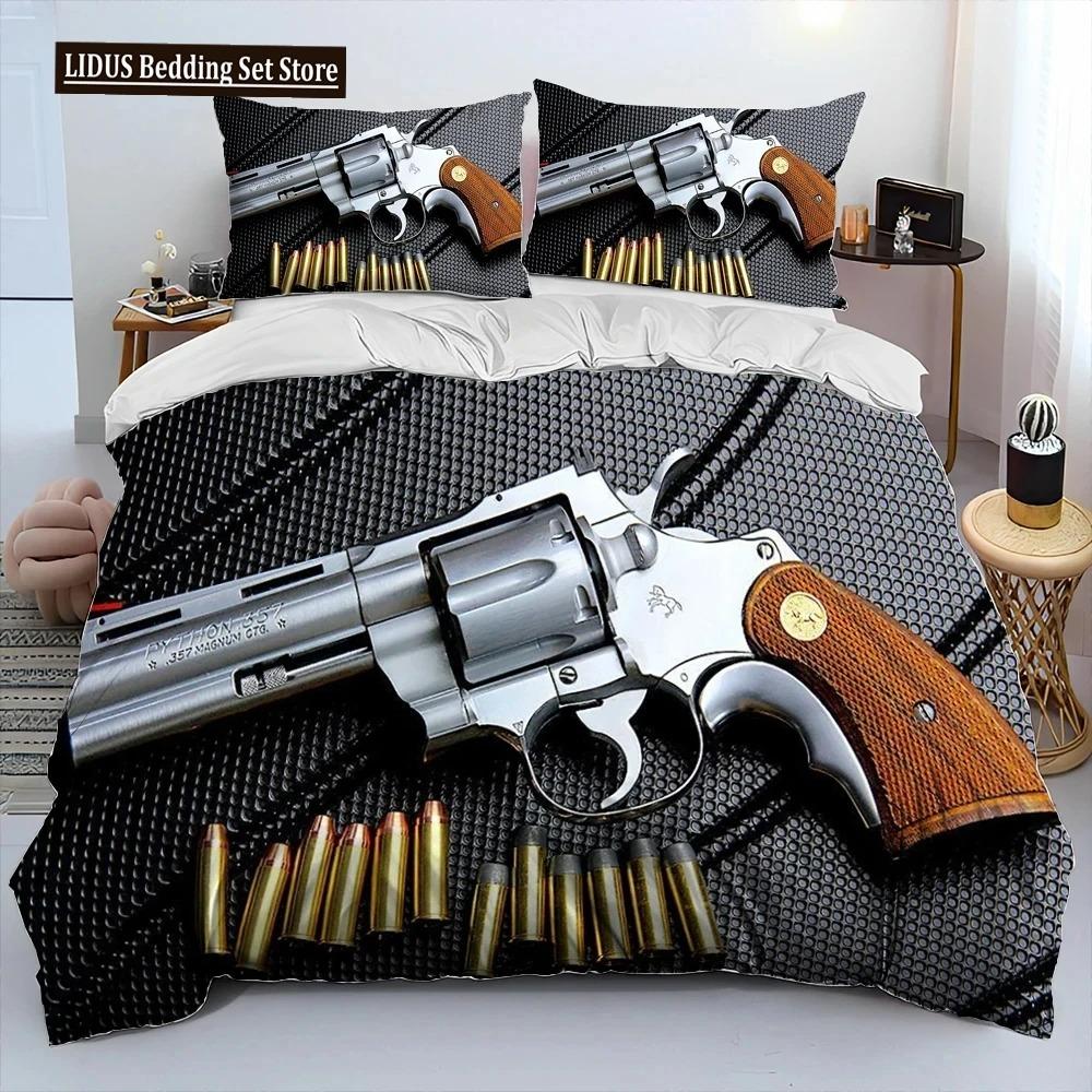 3D Gevär Revolver Patron Vapen Täckset Sängkläder, Påslakan Sängset Quiltöverdrag Örngott, King Queen Storlek Sängklädesset