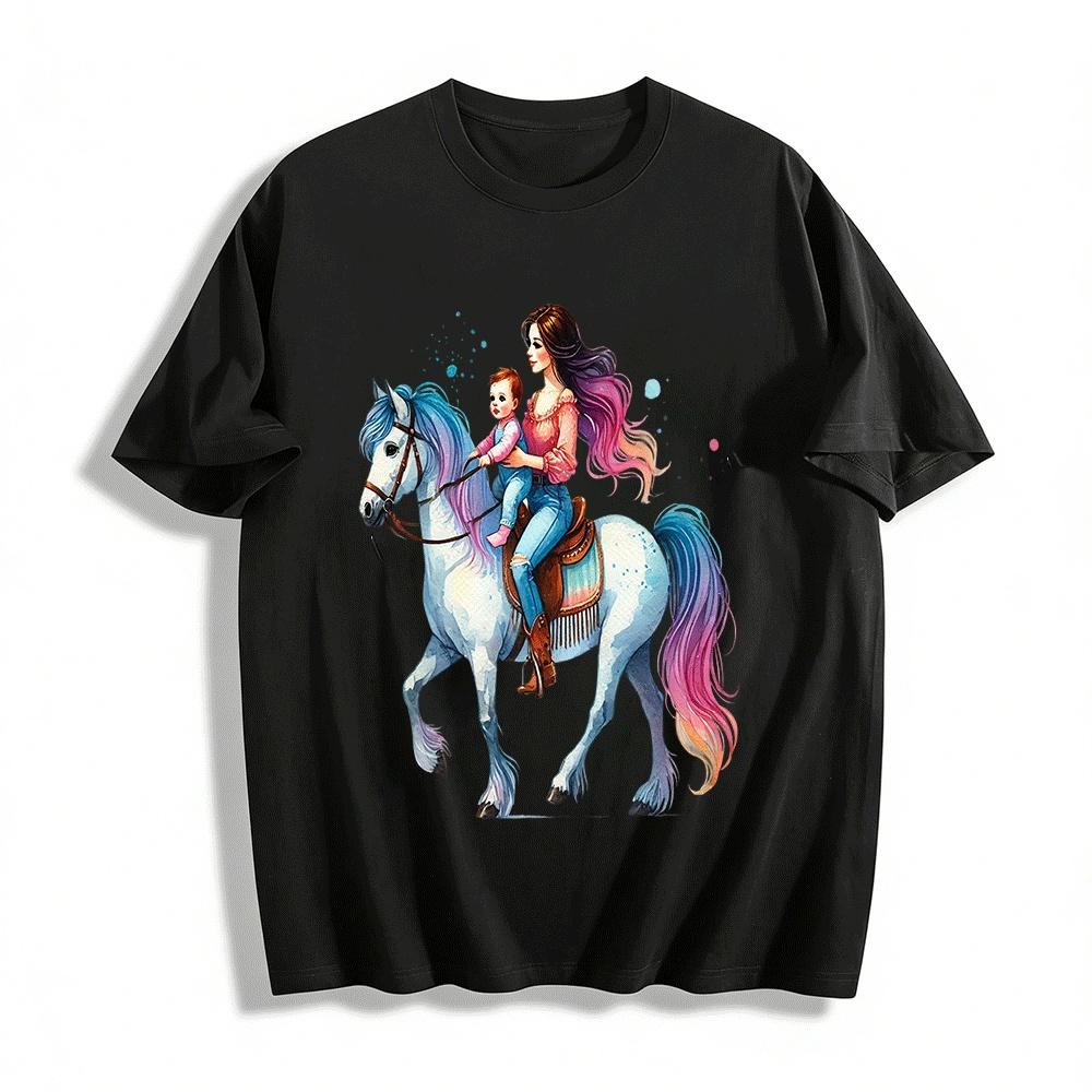 Watercolor Style Parent-child Horse Riding Print Casual Top Pure cotton T-shirt XXS