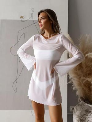 European & American Sexy Long-Sleeve Round Neck Chiffon Dress - Solid Color, See-Through, Short Skirt for Summer