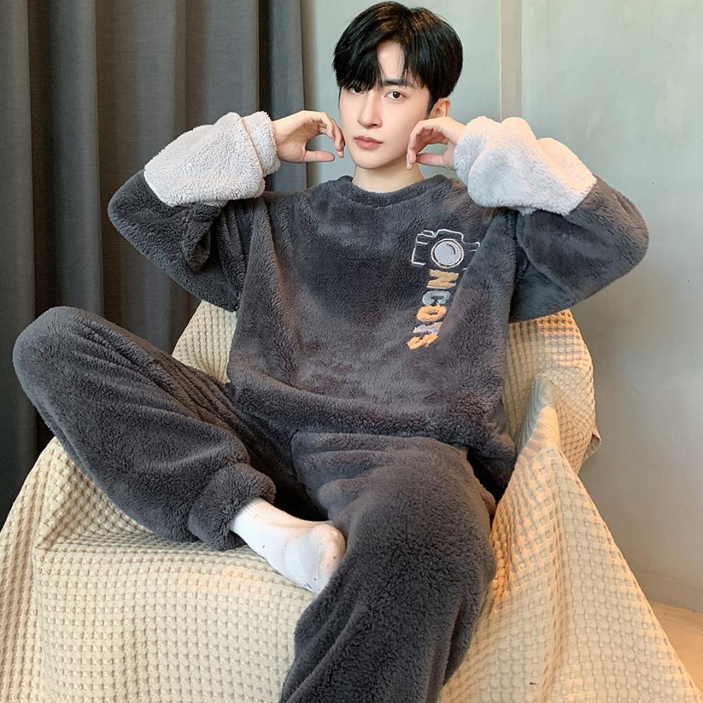 Winter, Coral Fleece, Pajamas, Men's Clothing, Thickened Fleece, Round Neck, Long Sleeved Pants, Suits, Home Clothes