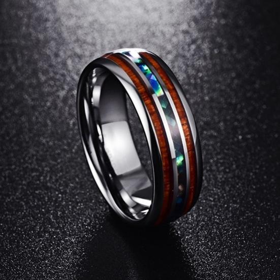 Unisex Wooden Abalone Shell Titanium Steel Ring Wedding Party Jewelry