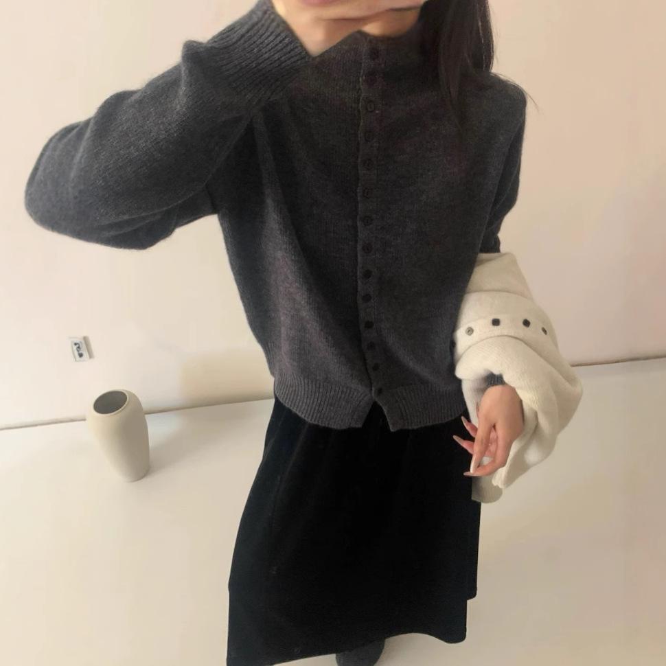 Autumn and winter new semi-turtleneck button soft waxy knitted cardigan women's outer with solid color long-sleeved sweater jacket