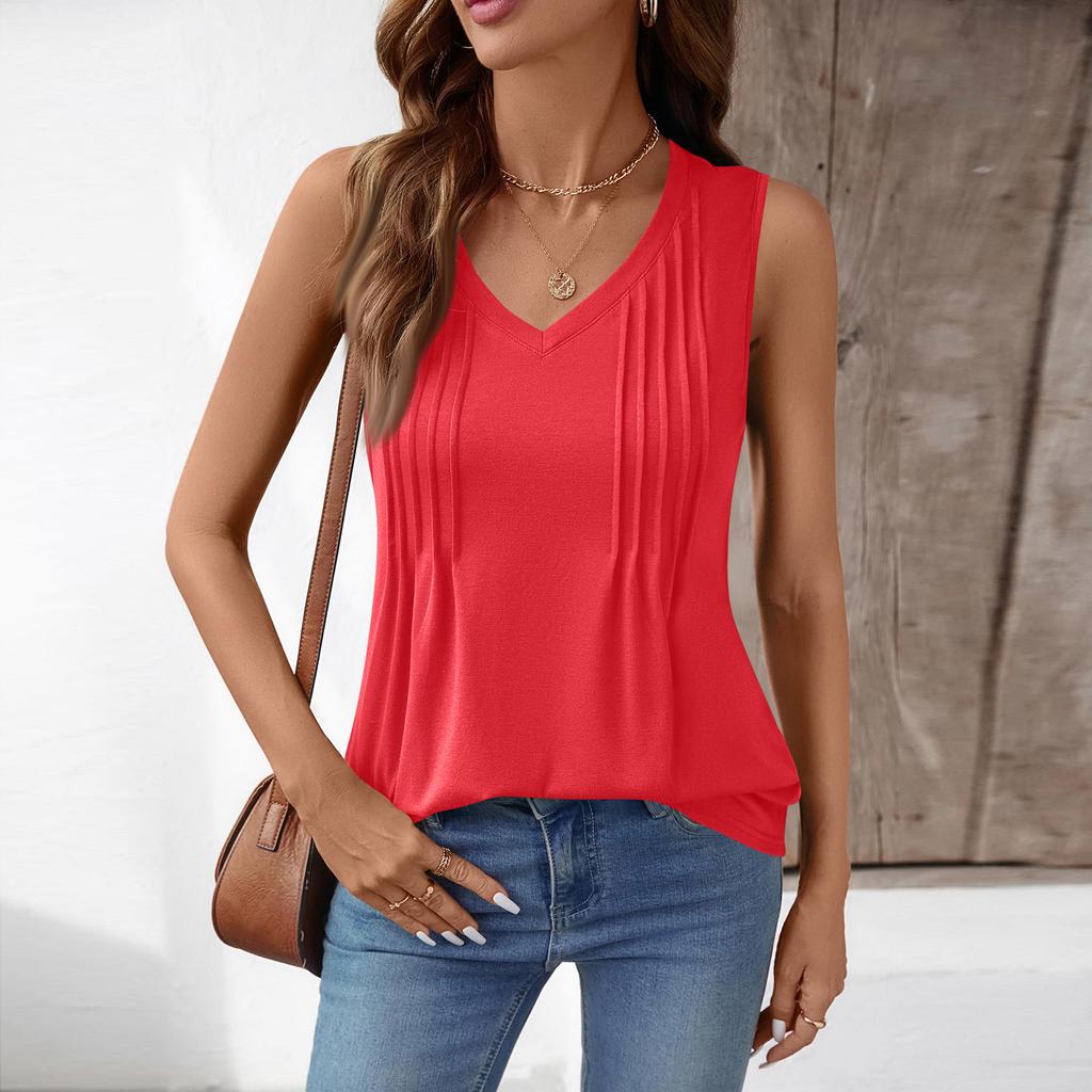 Damen Locker geschnittenes ärmelloses Tanktop mit V-Ausschnitt und gefalteter Vorderseite, lässige leichte Bluse für den Sommer, tägliches Tragen