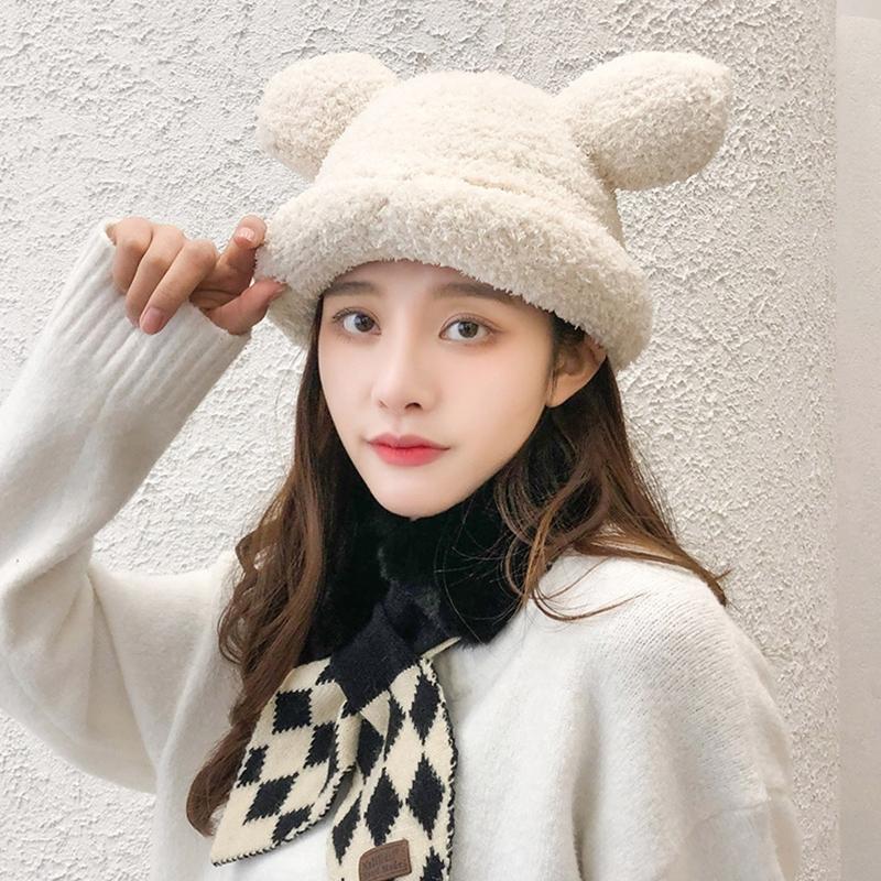 Adult Cartoon Bear Ear Shape Polyester Bucket Hat Fluffy Winter Warmer Plush Fisherman Cap Winter Gifts for Girlfriend
