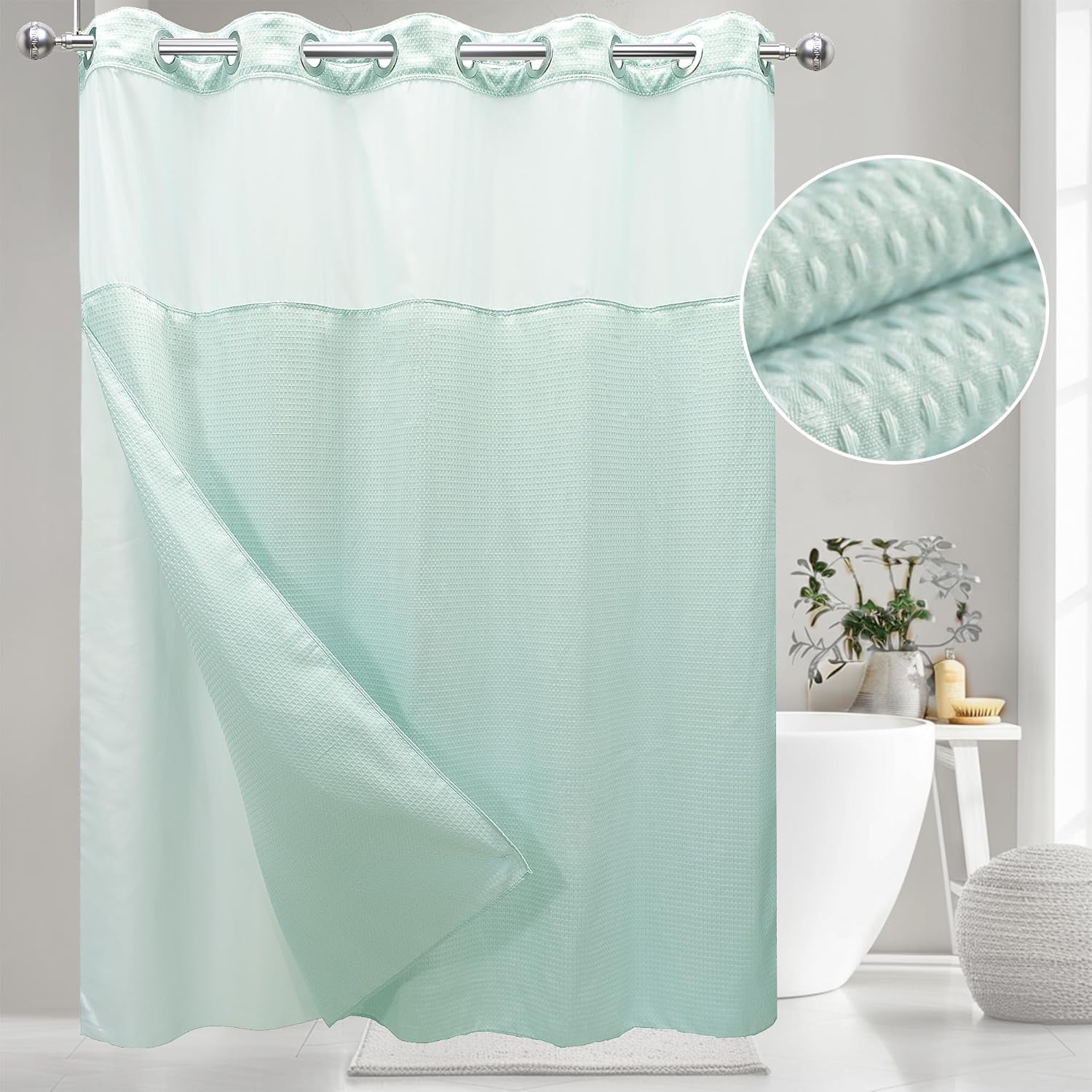 

No Hook Shower Curtain Set with Snap in Fabric Liner, 250GSM Waffle Weave Beige Hotel Grade Bath Shower Curtain -See Through Top 71 W x 74 L світло-синій колір