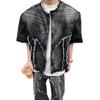 Old Uncle Tie-Dye Distressed Denim Set: Micro-Flare Jeans & Patchwork Jacket with Frayed Hem