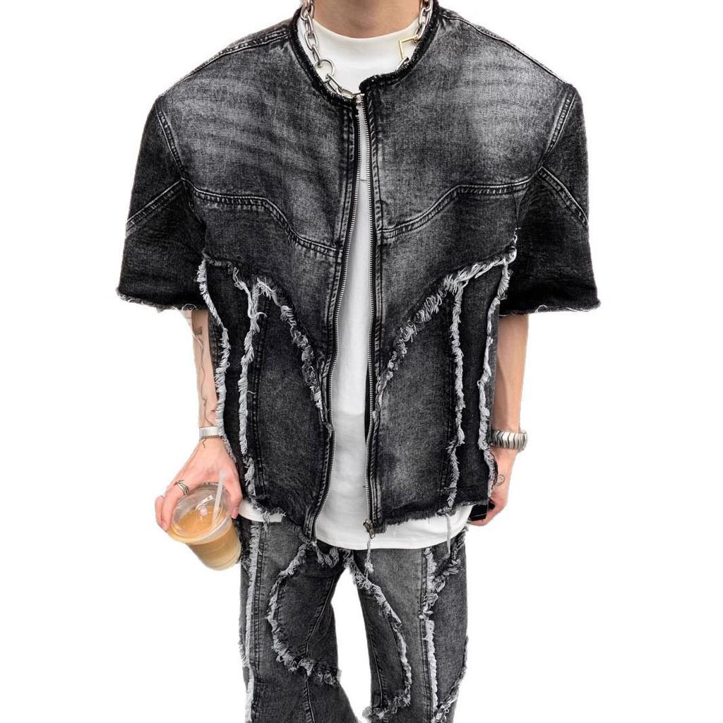 Old Uncle Tie-Dye Distressed Denim Set: Micro-Flare Jeans & Patchwork Jacket with Frayed Hem