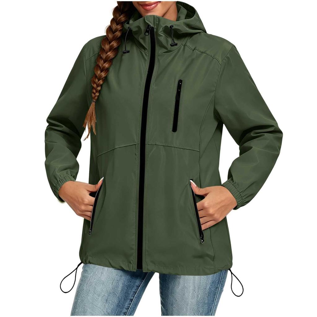 Women's Lightweight Casual Hooded Windbreaker Jacket Drawstring Waist Long Sleeve Zip Up Outerwear for Outdoor Activities