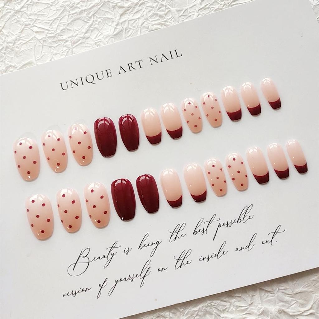 C452 Polka Dot Press-On Nails: Ballerina Tips, Nude Finish False Nail Stickers