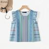 ZANZEA Women Summer Casual Round Neck Stripe Print Sleeveless Vest Tops
