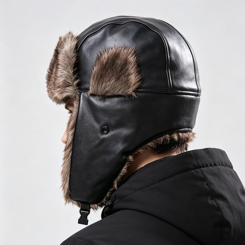 Unisex Winter PU Faux Leather Beanie Hat With Ear Protection Warm Thick Lined Ski Cap Foldable Streetwear Style