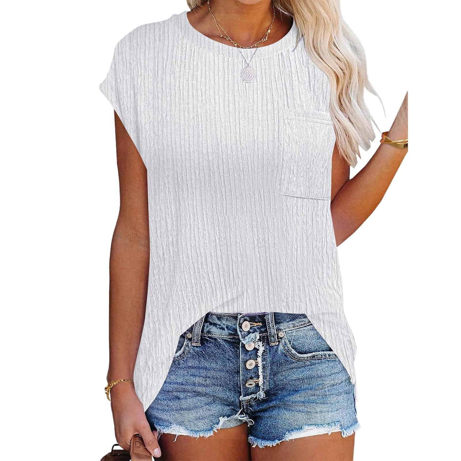 

Женская мода повседневная футболка с коротким рукавом и базовой текстурой, однотонная, с круглым вырезом XL белый