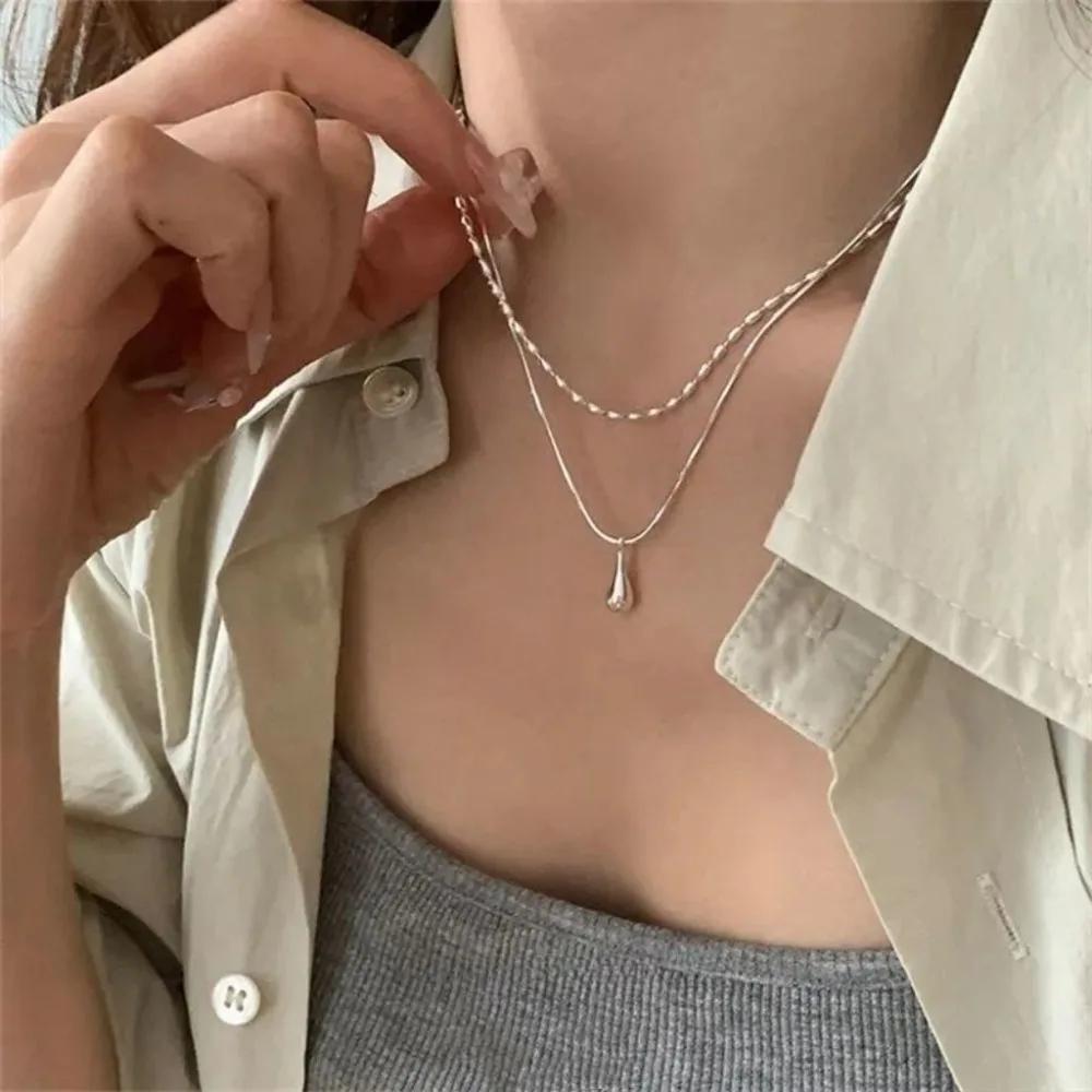 Charm Trendy Silver Color Beaded Double-deck Water Drop Pendant Necklace for Women Temperament Collar Jewelry Korea Accessory