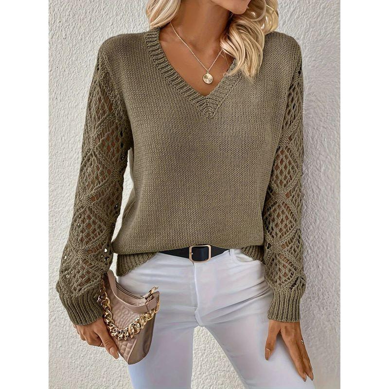 Base Sweater Autumn Hollow Out Women Clothes Pullover Long Sleeve Crochet Jacquard Loose V-neck Base Knit Sweater