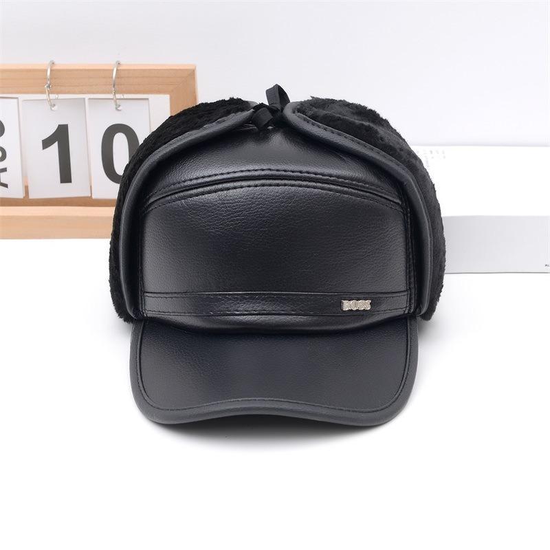 Winter Men's Hat Plush Ear Protector Baseball Cap Warm Leather Flat Top Cap Cotton Cap