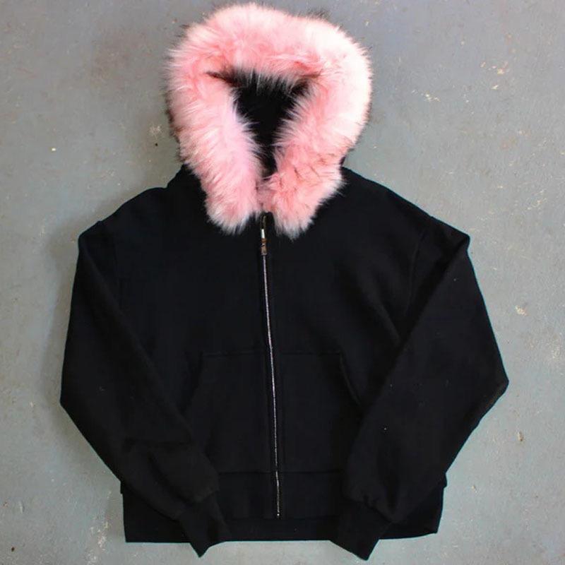 2KWEIRD Harajuku Y2k Millennial Hottie Amerykański Retro Bluza z Kapturem na Zamek z Futerkiem Szytym Bluza z Kapturem na Zamek Damska Jesień/Zima Hip Hop Kurtka na Zamek