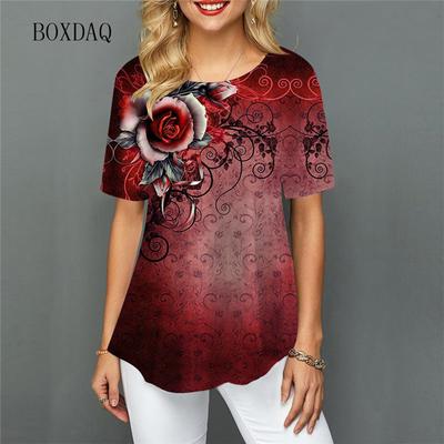 Damen Blumen Casual T-Shirts Kurzarm Rundhals Locker Übergroße Oberteile 3D Blumen Bedruckt Streetstyle Damen T-Shirts