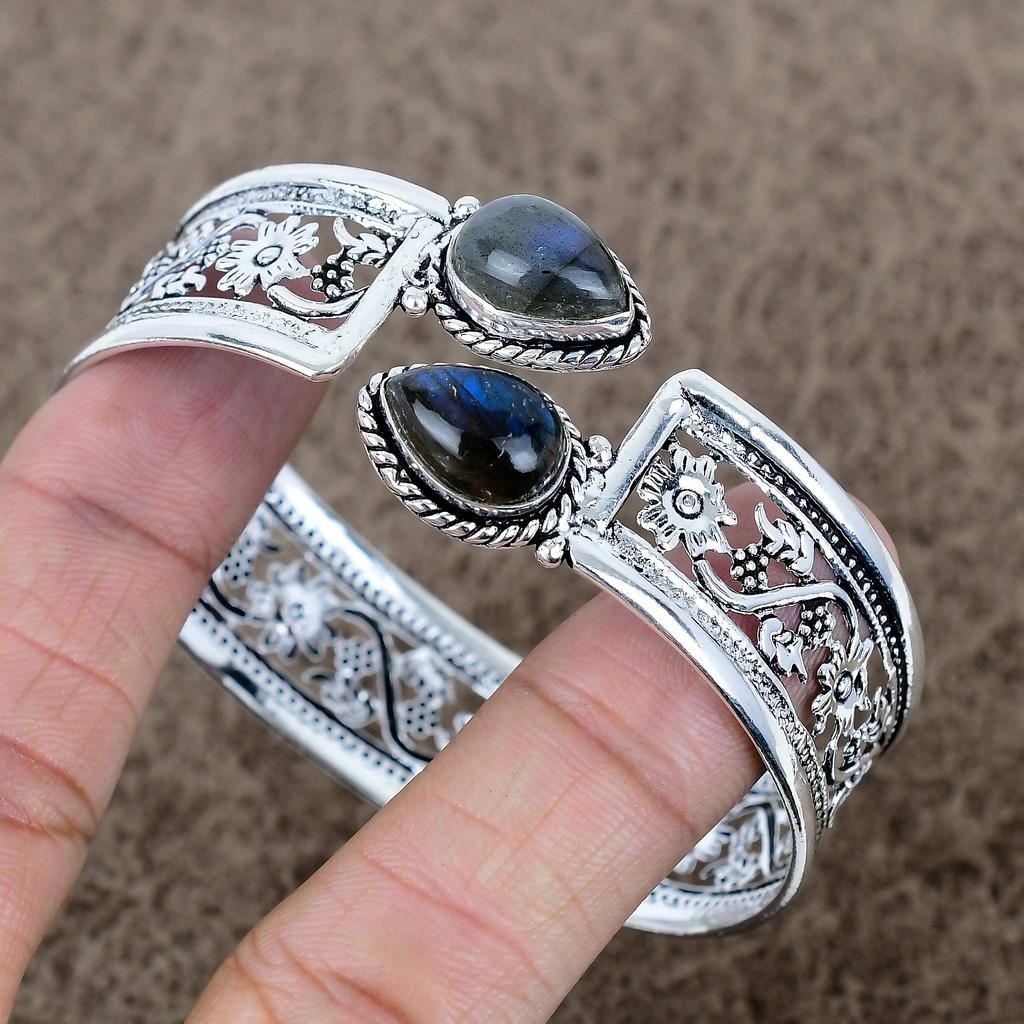 Labradorite Gemstone Handmade 925 Sterling Silver Cuff Bangle Adjustable KKG-772