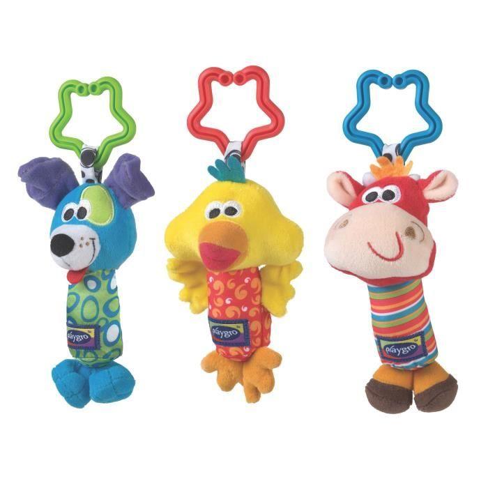 Peluches - playgro - trio - couleurs vives - tissus doux - stimule la perception visuelle