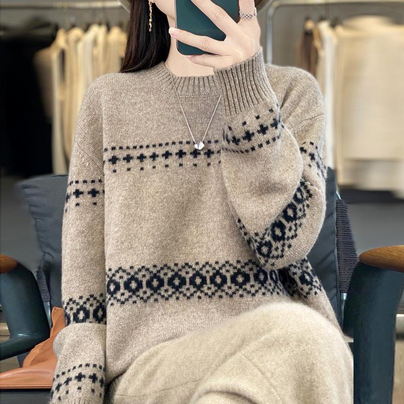 Mall-Stil Dicker Reiner Wollpullover für Damen - 100% Wolle Locker Gestrickt Vielseitiges Oberteil
