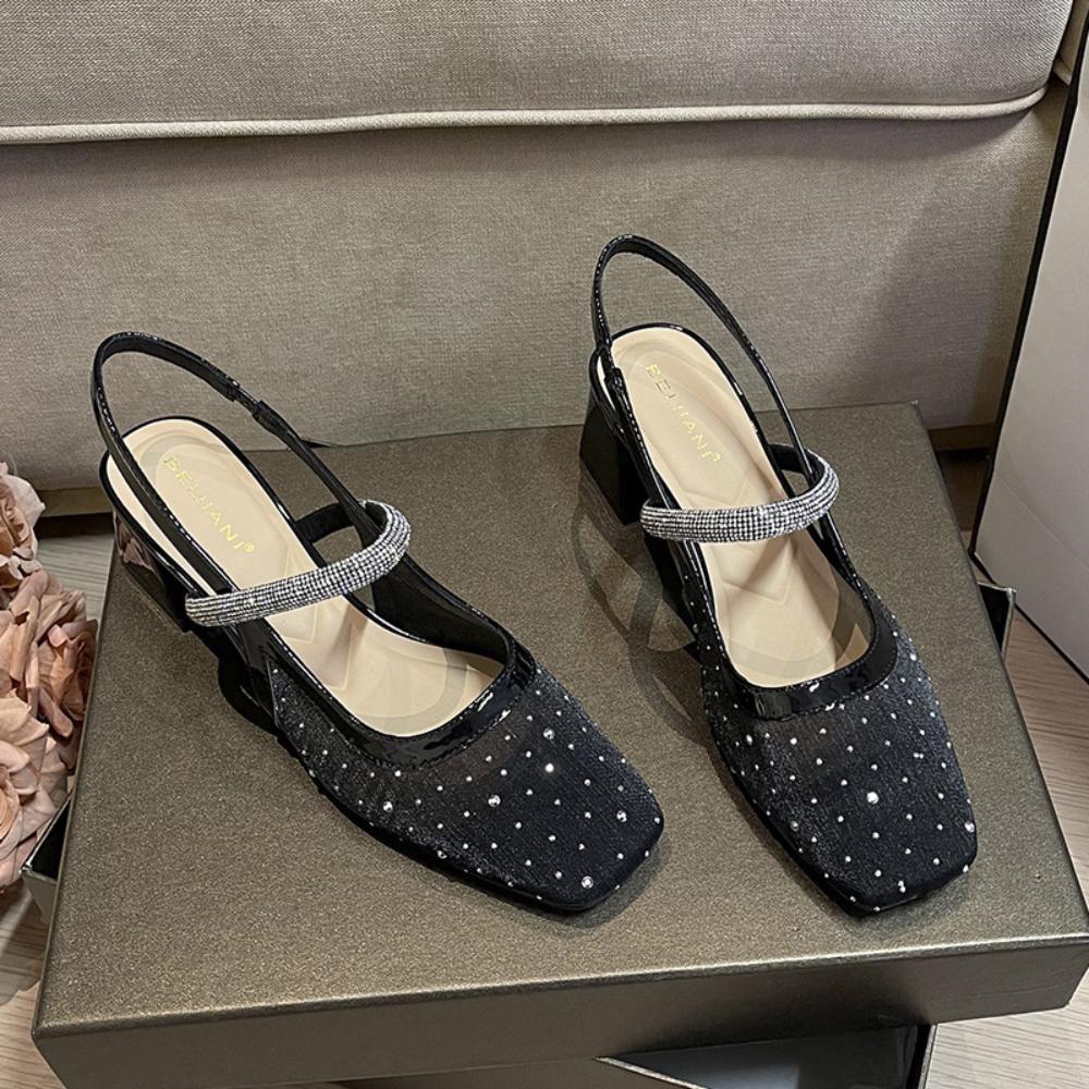 Fashion Sandals for Women's Summer Flat Toe Sandals with Thick Heel and Square Toe Mesh Diamond Studded Polka Toe Mary Jane Shoes Women