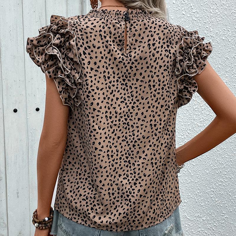 Women's Fashion Casual Summer Spring Leopard Print Short Sleeve O-Neck Blouses & Shirts