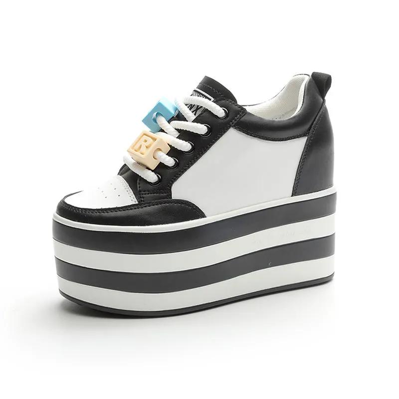 Fashion 12CM Genuine Leather Women Autumn Spring NEW Fashion Hidden Heels Ladies Color Platform Wedge Chunky Sneakers Thick Soled Shoes