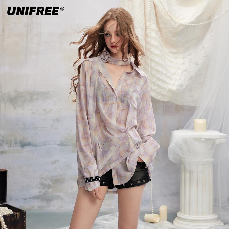 UNIFREE Plaid Long-Sleeve Shirt with Tie S