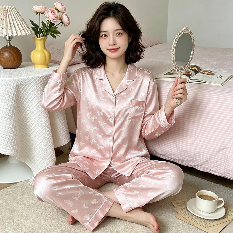 Sweet and high-value butterfly print ice silk pajamas women's ins loungewear long-sleeved trousers two-piece set