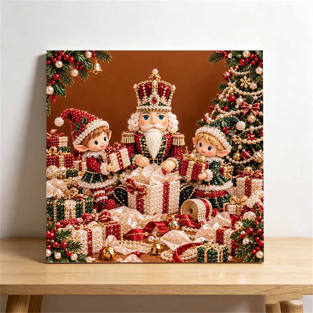 Framed Pearl Art DIY Kit with Christmas Nutcracker and Elf Pattern 3D Sparkling Bead Canvas Painting Handmade Holiday Gift for Home Decoration