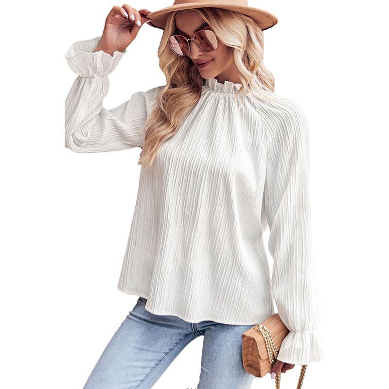 

2024 Summer New round Neck Pullover Shirt Women Fashion Half Turtleneck Pure Color Thin Puff Sleeves Long Sleeves Shirt Women White Size S fit (45.00 kg-55.00 kg