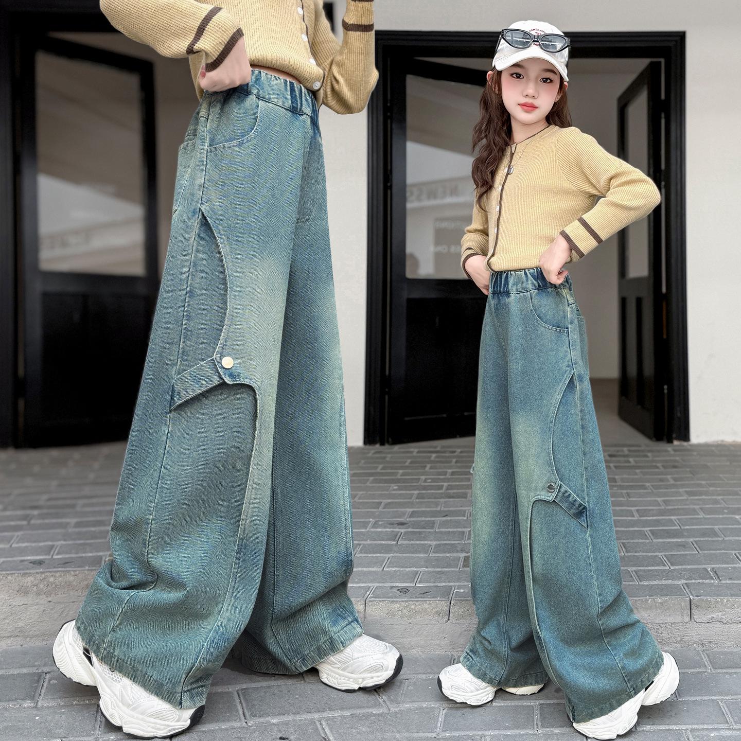 

Джинсы на тесьме в корейском стиле для девочек, осень 2025 130 cm мятный зеленый