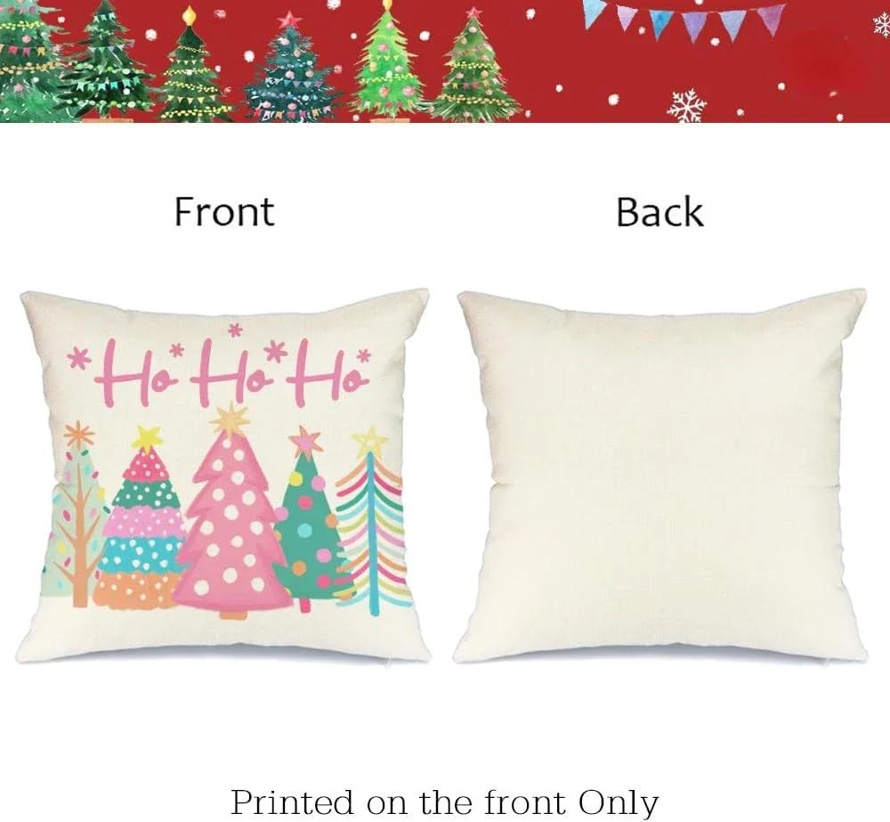 Pink Christmas Throw Pillow Covers 18x18 Inch Set of 4 Striped Truck Xmas Trees Farmhouse Holiday Cushion Cases for Home Decor