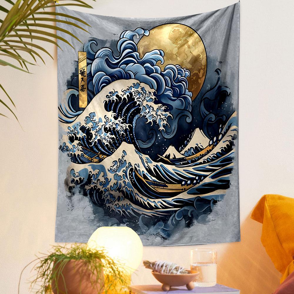 Golden Moon Over Ocean Waves Artwork Patterned Tapestry Decorative Wall Hanging, Home Bedroom Living Room Decor