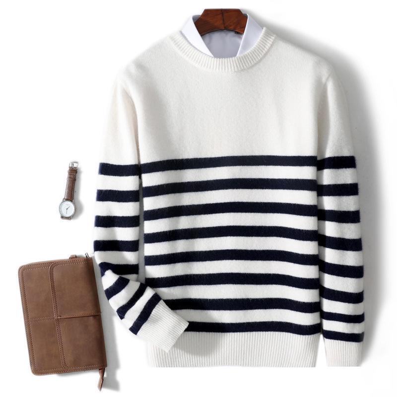 Men's Striped Pure Wool Round Neck Casual Thick Knit Sweater for Autumn & Winter