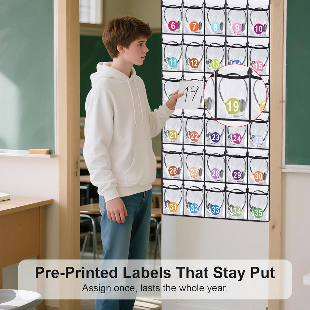 Headphone Storage Classroom,Over The Door Hanging Classroom Headphone Storage with Digital Stickers,35 PVC Clear Organizer Holder Pockets with 4