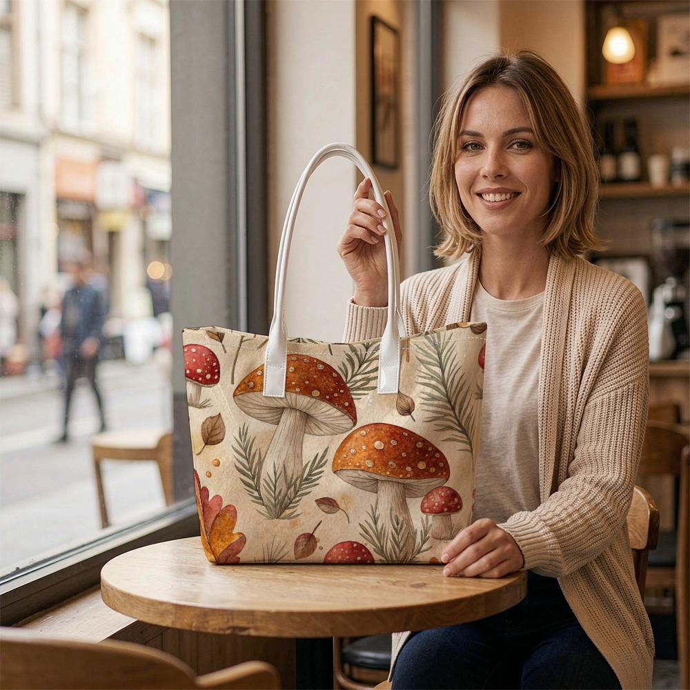 Mushroom Print Tote Bag Casual Daily Handbag for Women Lightweight Shopping Carryall