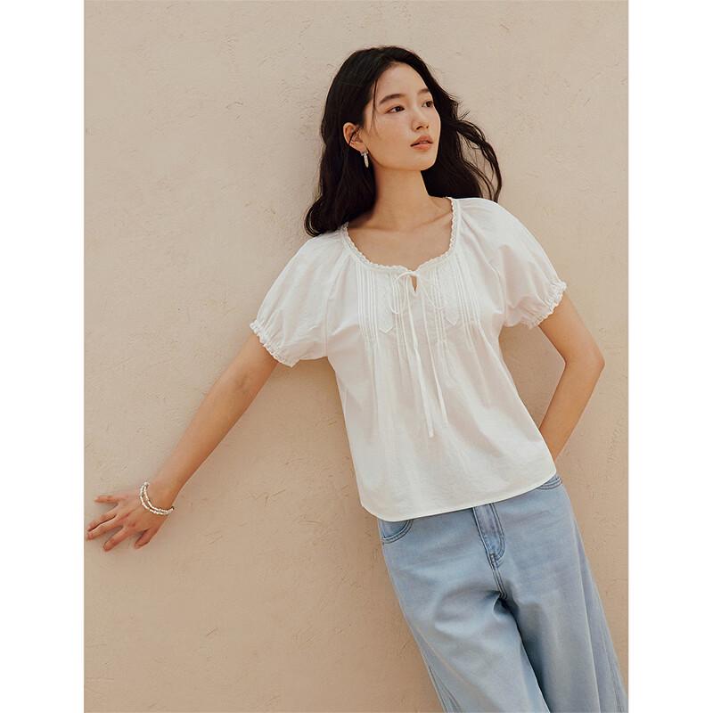 INMAN Women's French Lace Puff Sleeve Short Smocked Shirt