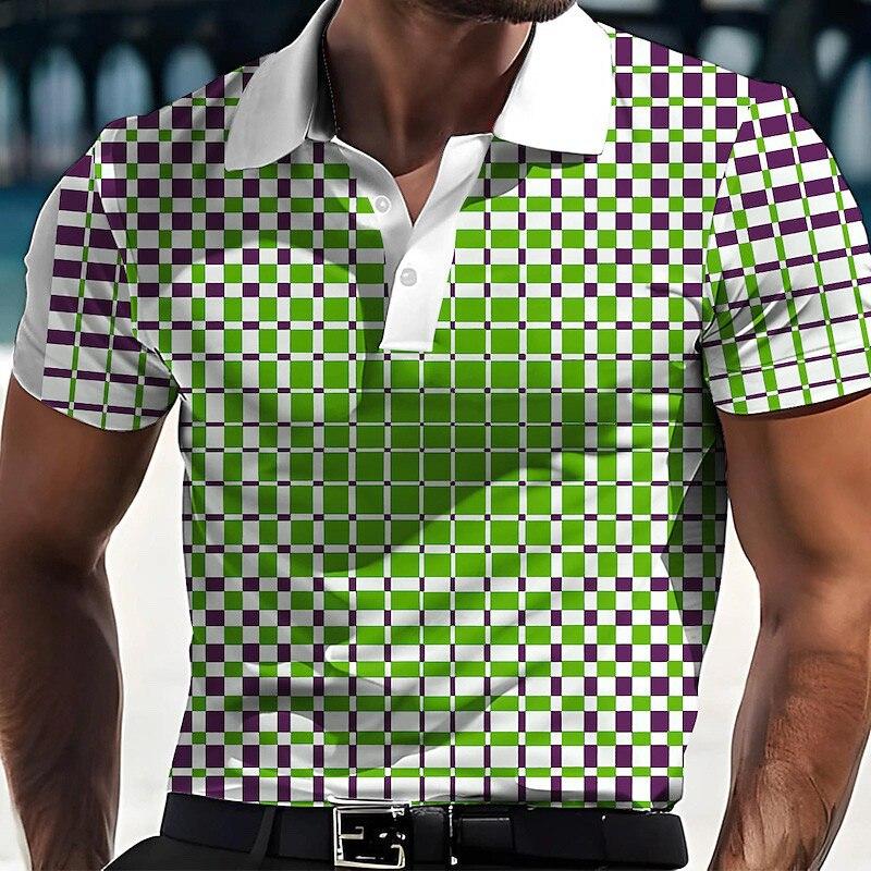 Fashionable Geometric Color Blocked Pattern 3D Digital Printing Men's Comfortable Polo Shirt